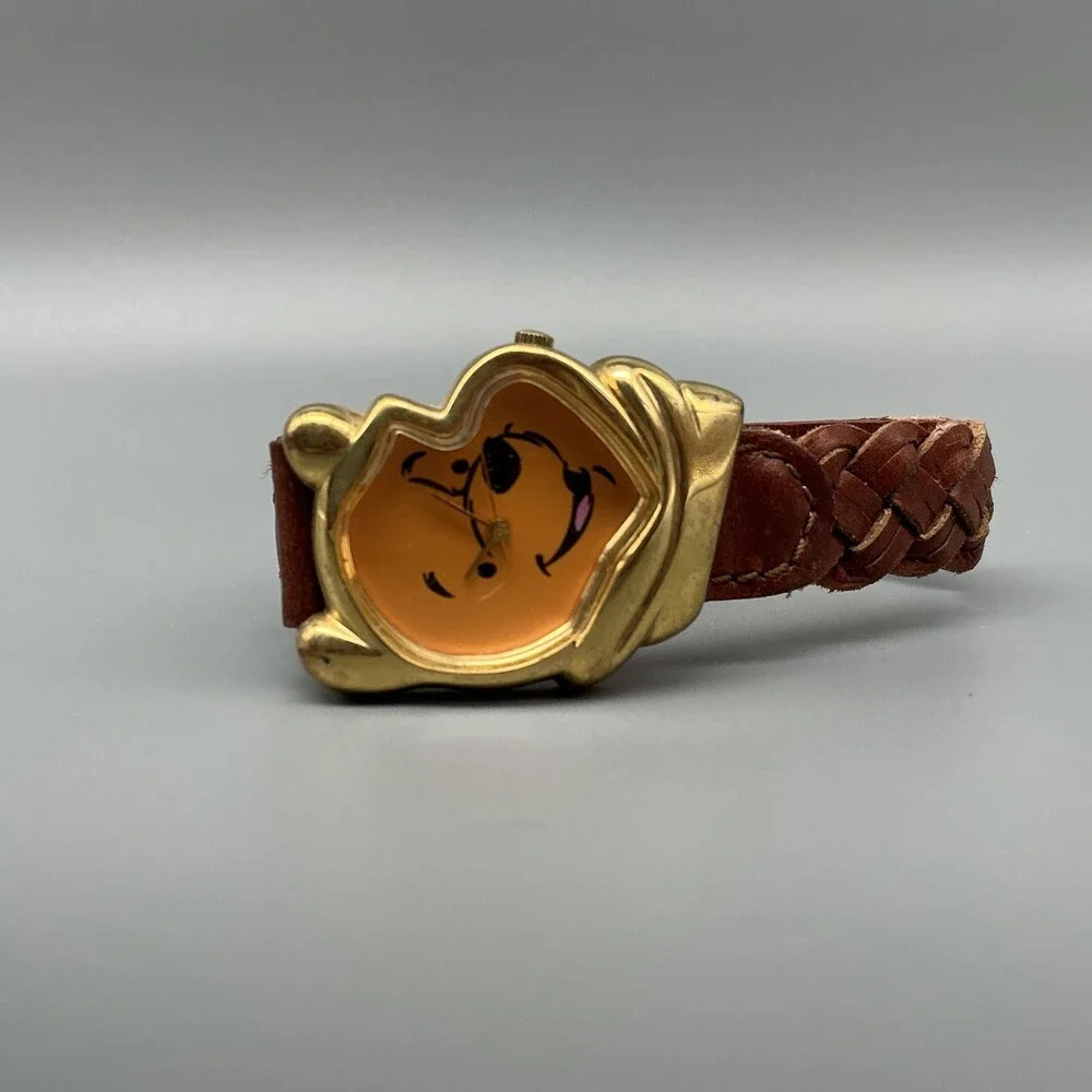 Vintage Timex Pooh Womens Watch 30mm Profile Gold Tone Leather New Battery